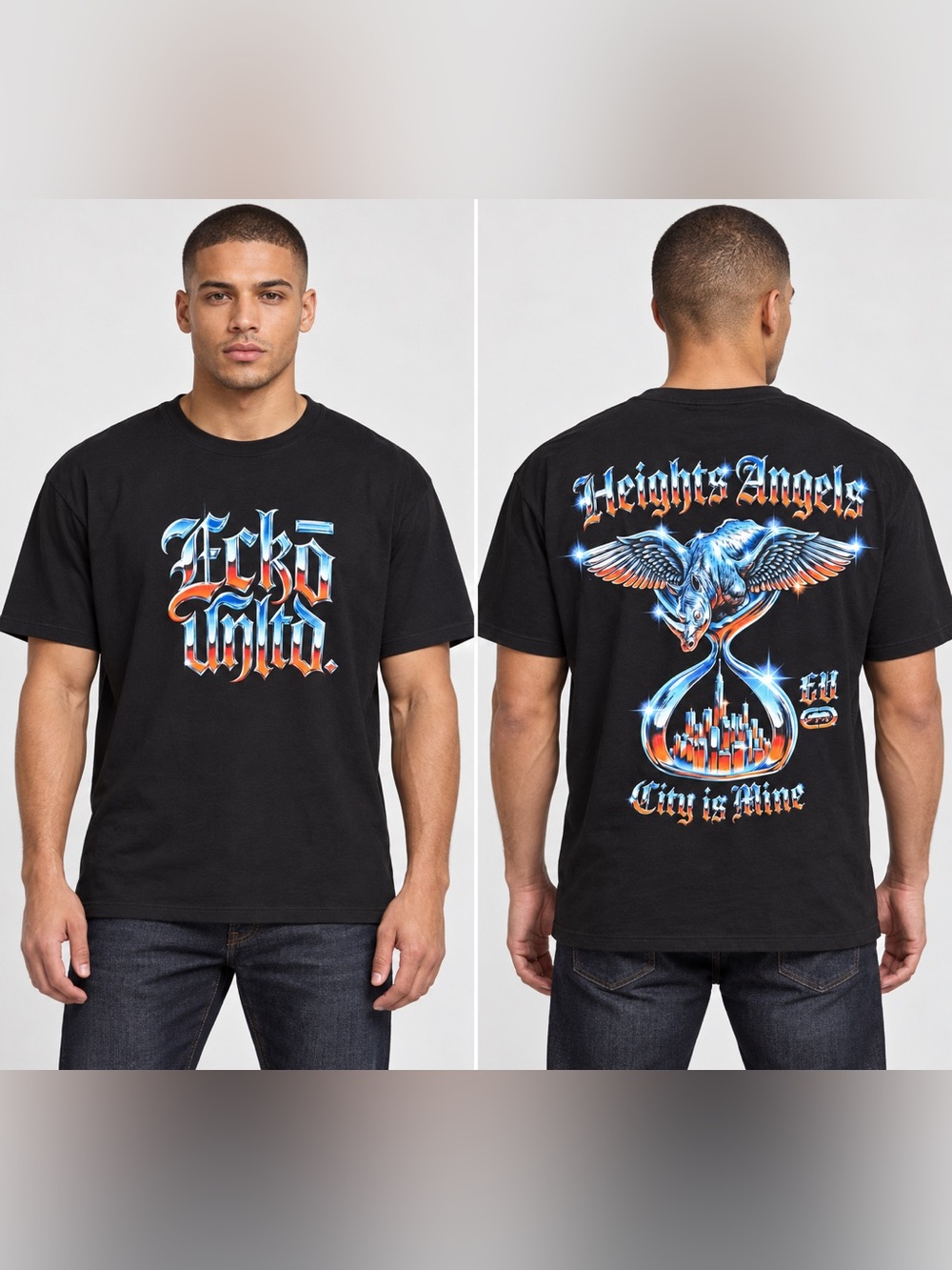 NWT Ecko Unlimited Black Short-Sleeve Tee with Blue & Orange Graphic size M